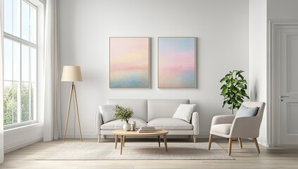 Soft pastel abstract art prints displayed in a light and airy living room