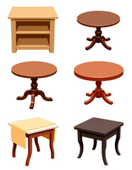 Cartoon Tables Set: Round, Square, Wood, & Cloth - transparent background