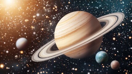 Naklejka premium Stunning View of Saturn Surrounded by Distant Celestial Bodies
