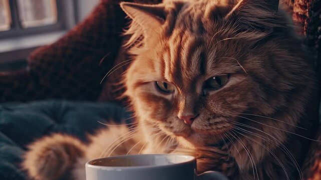 Un primer plano de un gato de raza persa, relajado frente a una ventana, con luz suave iluminando su pelaje  