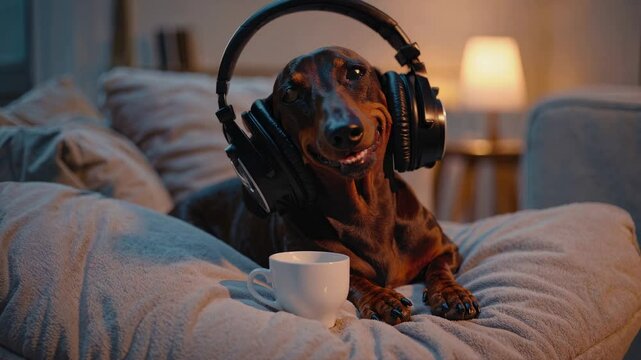 Un perro dachshund usando auriculares y disfrutando de m&uacute;sica mientras est&aacute; acostado en un sof&aacute;, con una taza a su lado en un ambiente c&oacute;modo y relajado.  