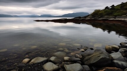 Serene mountain lake with rocky shoreline and calm water