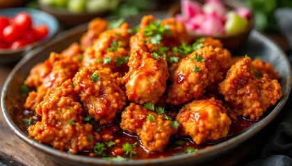 Fototapeta premium Delicious Orange Chicken Bites with Sweet and Spicy Glaze on Plate