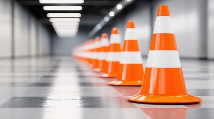 A row of orange traffic cones on a black and white tiled floor, illuminated by overhead lights, creating a modern and organized visual effect.