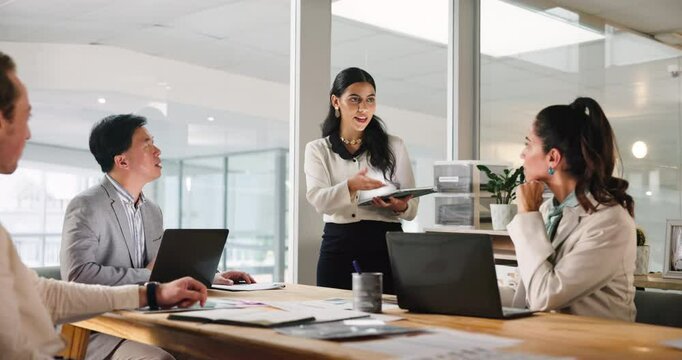 Business woman, tablet and brainstorming with group in meeting for insurance, finance or risk management. Technology, collaboration and discussion of ideas, presentation or planning policy in office