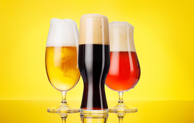 An assortment of beer glasses filled with different types of beer, on a yellow background