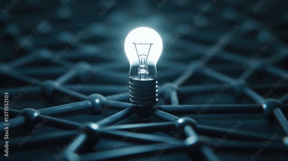 Poster bright idea illuminated light bulb on network structure innovation connection concept