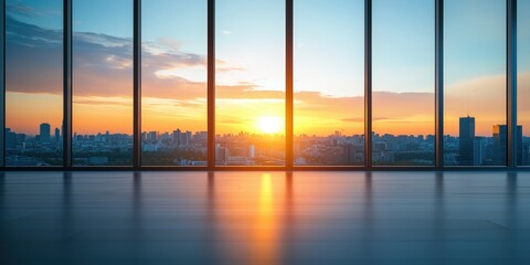 Fototapeta premium A stunning sunset view from a modern building's large windows, showcasing a vibrant sky and urban skyline, Corporate Social Responsibility, CSR.