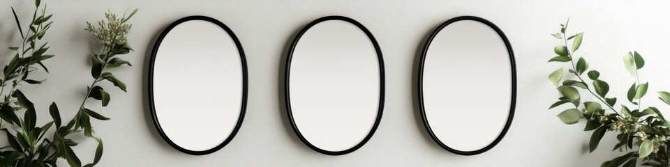 Oval Mirrors on a Wall with Greenery