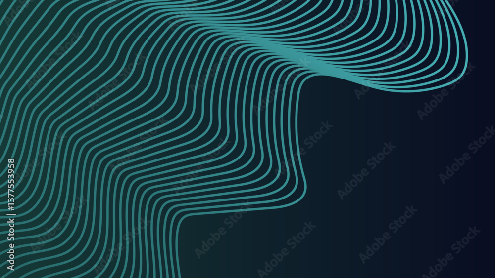 Wall mural abstract wave technology background with blue light. dark blue, green template with repeated waves. 