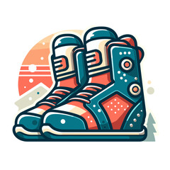 Vector illustration of colorful snowboarding boots against sunset background. Perfect for winter sports equipment or mountain resort advertising.