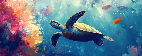 Fototapeta premium Vibrant underwater painting of a sea turtle gracefully swimming amidst colorful coral and fish. Perfect for nature, ocean, and wildlife themes.