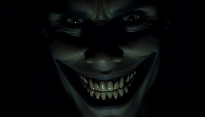 Naklejka premium Creepy Smiling Face Emerging From Darkness with Intense Gaze