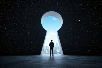 Obraz premium Businessman standing in front of giant keyhole-shaped portal revealing city skyline, surreal graphic style, cosmic starry background, concept of opportunity. Ai generative