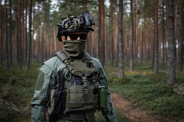 Fully equipped soldier wearing sunglasses with helmet-mounted NVG patrols a dense pine forest.