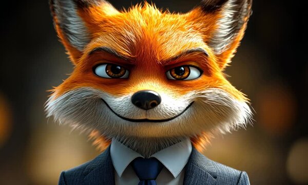 A smiling, anthropomorphic fox wearing a suit, exhibiting sly and intelligent features.