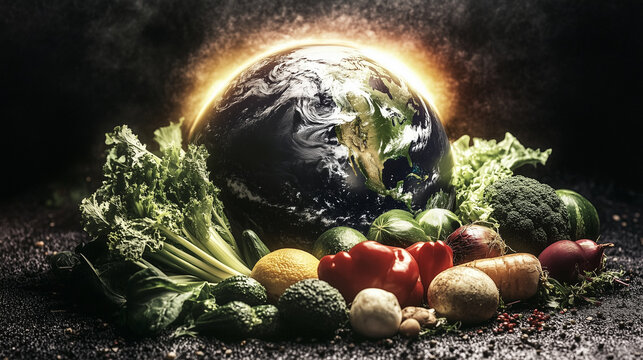 vegetables form a ring around a glowing globe, with the vivid colors - Powered by Adobe