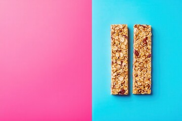 Granola and nut energy bars on a split background with two colors in gradient form create dynamic modern aesthetic dual-tone effect enhances visual separation harmony, with vibrant, saturated colors