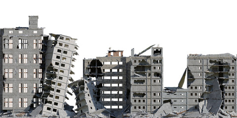 Building destroyed by the war, Ruined City after earthquake with isolated on transparent background. png file, 3d rendering illustration, clip art and cut out