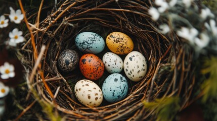 Obraz premium Colorful Easter Eggs Nestled in a Natural Earthy Spring Setting