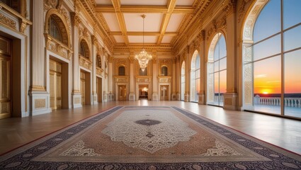 Obraz premium Expansive palace hall with grand golden architecture and elegant carpet leading to a glowing horizon