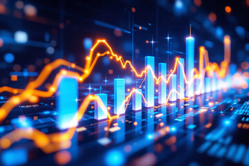Glowing financial chart with orange line graph and blue bars on digital business background, symbolizing growth, stock trends, and data analytics. Ai generative