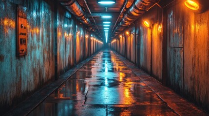 Fototapeta premium Wet industrial corridor, glowing lights, background pipes, film noir