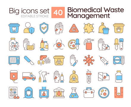 Biomedical waste management line color icons set. Infectious, disease. Disinfection methods. Laboratory equipment. Vector illustrations. Simple flat colorful symbols collection. Editable stroke