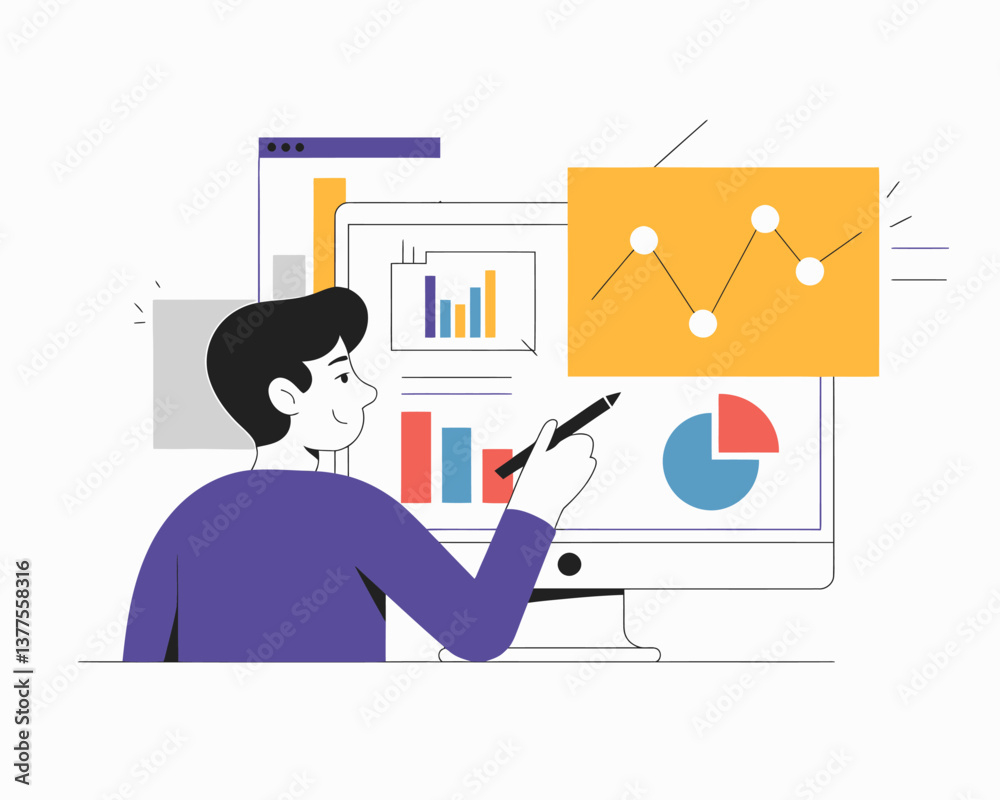 Poster man analyzing business data on computer screen with charts and graphs - vector illustration
