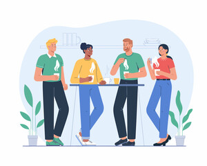 Relaxed Team Break: Diverse Colleagues Enjoying Coffee Together in Modern Office