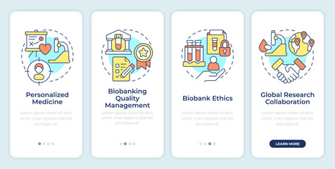 Benefits of biobanking onboarding mobile app screen. Medical research. Walkthrough 4 steps editable graphic instructions with linear concepts. UI, UX, GUI. Montserrat SemiBold, Regular fonts used