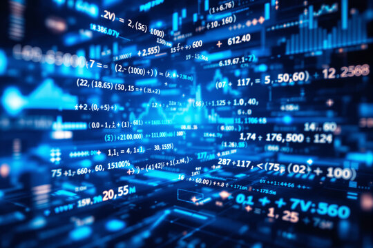 Digital interface showing glowing financial data and math formulas in futuristic style over blue abstract business background. Concept of analytics. Ai generative