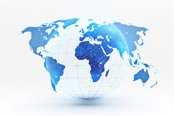 Fototapeta premium Digital world map with dotted continents and network lines, futuristic graphic style on white background. Concept of global communication and business. Ai generative