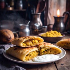 A plate of aloo ke parathay with flaky, golden bread stuffed with spiced mashed potatoes, served with yogurt 3