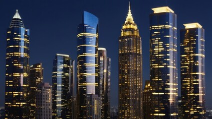 Fototapeta premium Luminous city skyline at night showcasing modern skyscrapers with golden and vibrant energy