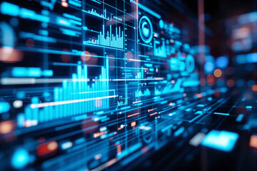 Digital interface with business data charts and graphs, futuristic graphic style, on a blurred background. Concept of analytics and finance. Ai generative