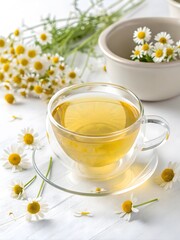 glass teacup with bright yellow chamomile tea