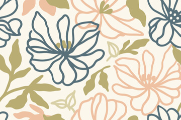 Line art floral background in soft muted colors. Design illustration for decoration, wall decor, wallpaper, cover, banner.