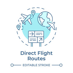 Direct flight routes soft blue concept icon. Aircraft trip, tourism. Travelling, journey. Round shape line illustration. Abstract idea. Graphic design. Easy to use in article, blog post