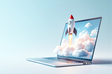 Rocket launching from a laptop screen with clouds, surreal graphic style, on a light blue background. Concept of startup, innovation, business growth. Ai generative