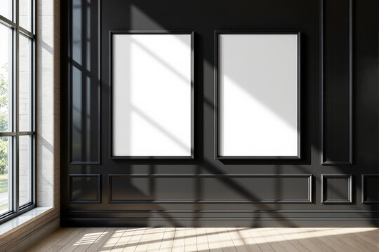 Two vertical blank posters in classic frames on a dark wall with sunlight casting shadows, wooden floor, and window background. Business mockup concept. Ai generative