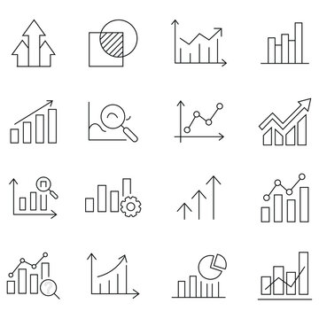 Business success growth trend line icon. Statistic and data, charts diagrams, money, down or up arrow. Perfect for line graph logos. Vector illustration.
