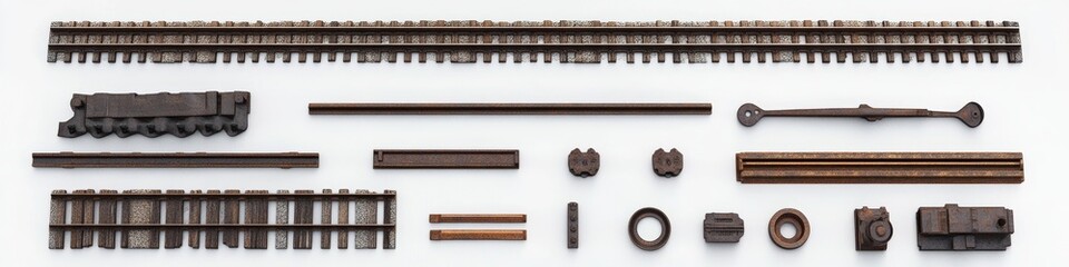 Rusty Train Track Components on White Background
