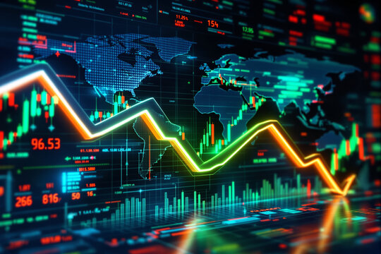 Colorful financial chart with glowing trend lines, candlesticks, and global map in digital futuristic style on a business data background. Ai generative - Powered by Adobe