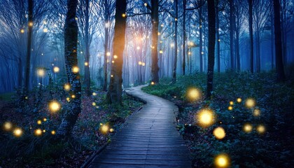 A mystical forest at twilight with fireflies illuminating a winding path leading into the unknown