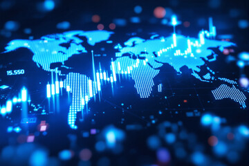 Digital world map with glowing blue financial chart bars and data points on dark abstract background, concept of global economy and business analytics, Ai generative