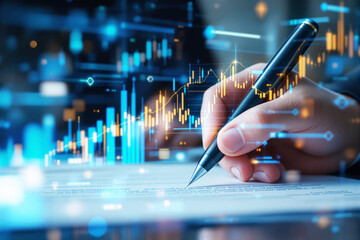 Hand signing contract with pen overlaid by digital financial charts and glowing bars, futuristic graphic style, blurred background, concept of business finance. Ai generative