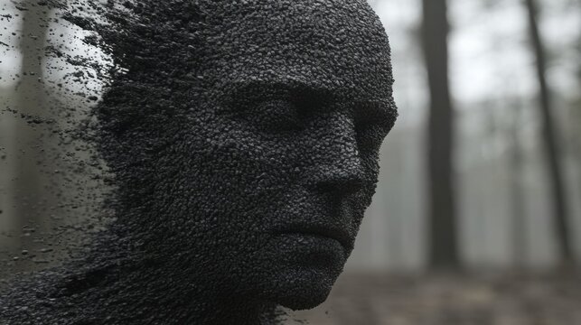 Disintegrating Male Face in Dark Forest Abstract 3D Render of Dark Particles