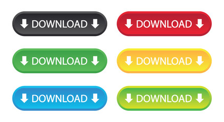 Fototapeta premium A set of six colorful download buttons in black, red, green, yellow, and blue, each featuring a downward arrow. Perfect for UI design, web development, software applications, and digital interfaces.
