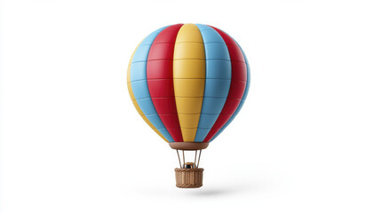 Fototapeta premium colorful hot air balloon with red, blue, and yellow stripes, floating against white background, evokes sense of adventure and joy